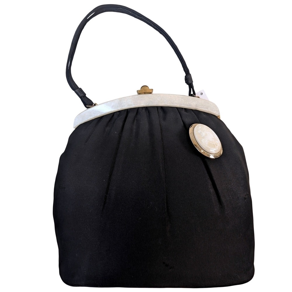 Vintage Black Evening Bag Kiss Lock Cameo‎ Brooch Pearlized Frame Handle